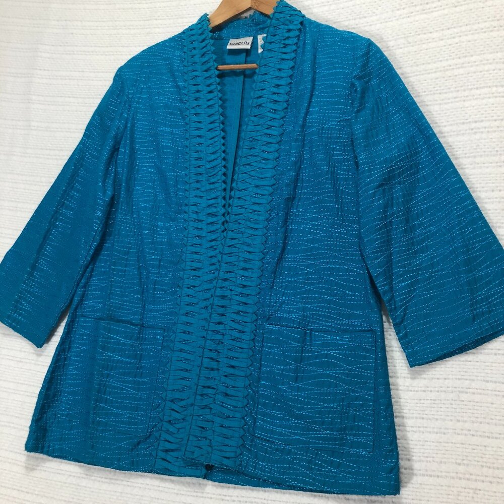 Chico's Women's Kimono Style Teal Stitch Open Cardigan Size 1